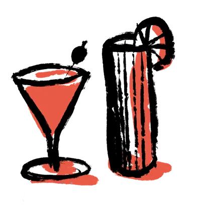 Ilustração estilizada a vermelho e preto de um copo de cocktail e uma bebida alta com um canudo.