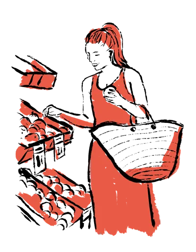 Silhouette einer Frau, die einen Korb hält und Produkte aus den Marktregalen auswählt.