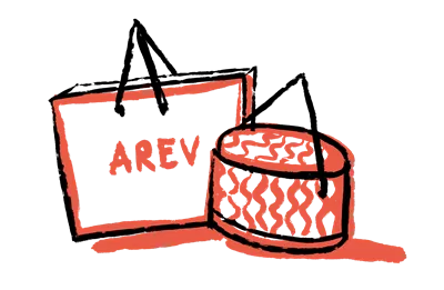 Desenho em linha vermelha de um saco de compras com a palavra 'AREV' e uma caixa redonda estampada ao lado.