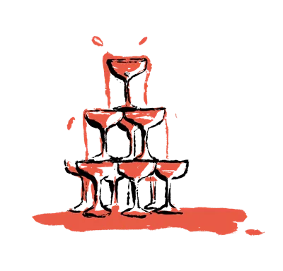 Ilustração de uma pilha de pirâmide de seis taças de champanhe cheias com líquido espirrando ao redor da base.