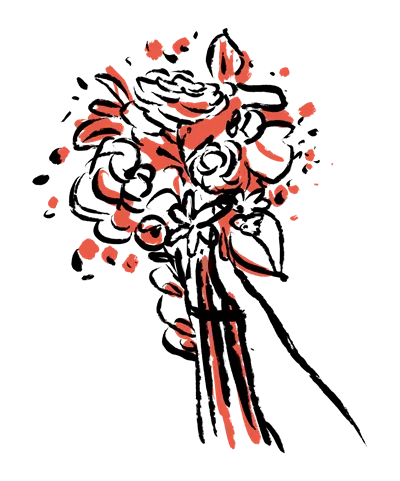 Ilustração estilizada de uma flor com pétalas vermelhas abstratas e haste fina sobre fundo transparente.