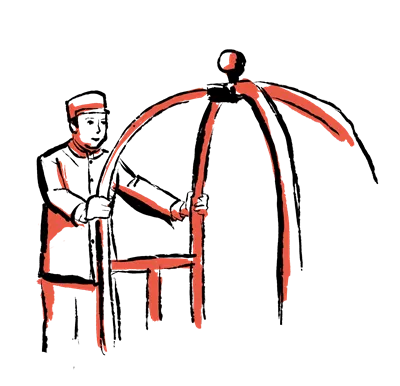 Ilustração minimalista a vermelho e preto de uma pessoa sentada e outra em pé, possivelmente a tocar música com um instrumento.