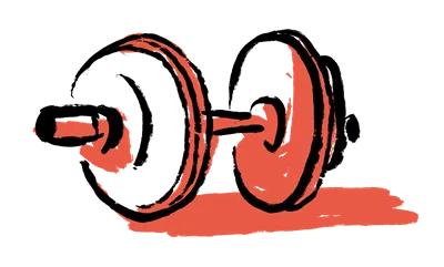 Desenho vermelho de uma barra com pesos em cada extremidade lançando uma sombra para a direita.