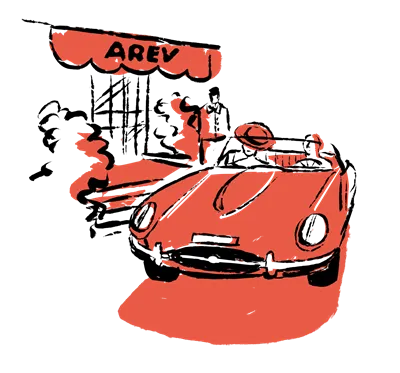 Esboço de um carro antigo com um condutor debaixo de uma placa que diz parcialmente 'AREV'.