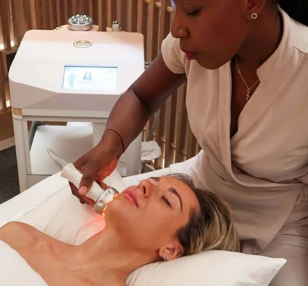 Uma mulher a receber um tratamento facial com um dispositivo portátil que emite luz vermelha por um técnico de spa.