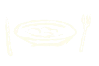 Einfache beigefarbene Strichzeichnung einer Schale mit drei Löffeln darin, flankiert von einem Messer auf der linken Seite und einer Gabel auf der rechten Seite.