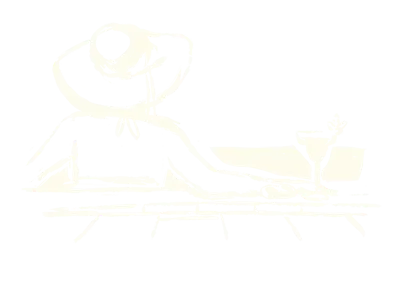 Strichzeichnung einer Person, die einen Hut mit breiter Krempe trägt und mit einem Arm auf einer Fläche neben einem Cocktailglas mit Beilage liegt.