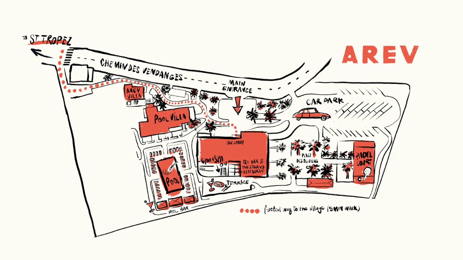 Mapa ilustrado das instalações e jardins do hotel AREV em Saint-Tropez.