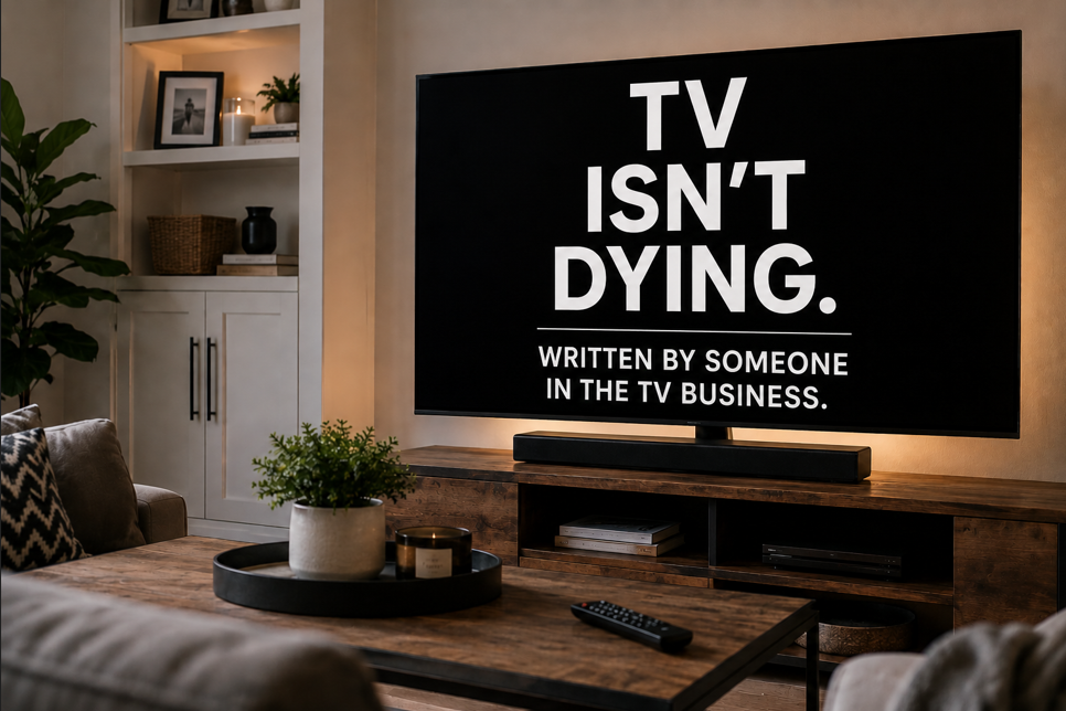 Image of a TV wit text on it that says TV isn't dying. Written by people in the TV business