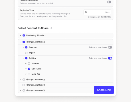 User interface showing options to select content to share with categories like Positioning & Product, Personas, Entities including Website and Sales Calls, and an active Share Link button.