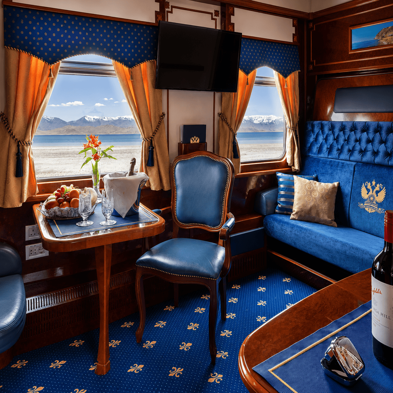 A blue and white luxury train travels through a vast, golden high-altitude plain next to a large lake under a cloudy sky.