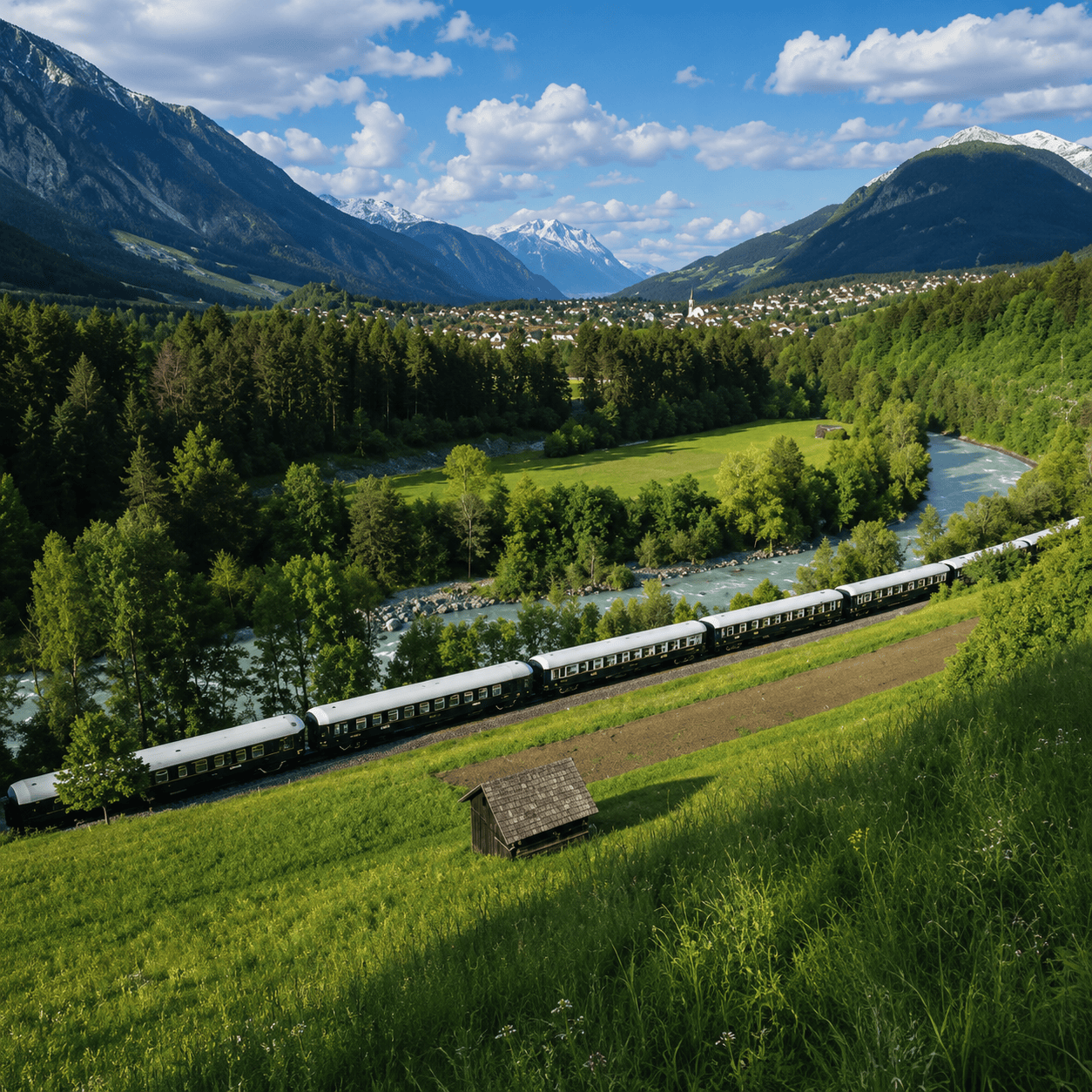 A blue and white luxury train travels through a vast, golden high-altitude plain next to a large lake under a cloudy sky.