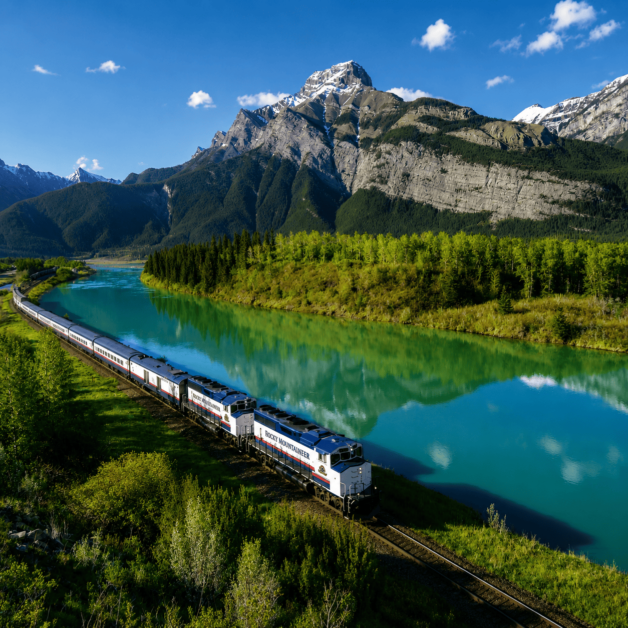 A blue and white luxury train travels through a vast, golden high-altitude plain next to a large lake under a cloudy sky.