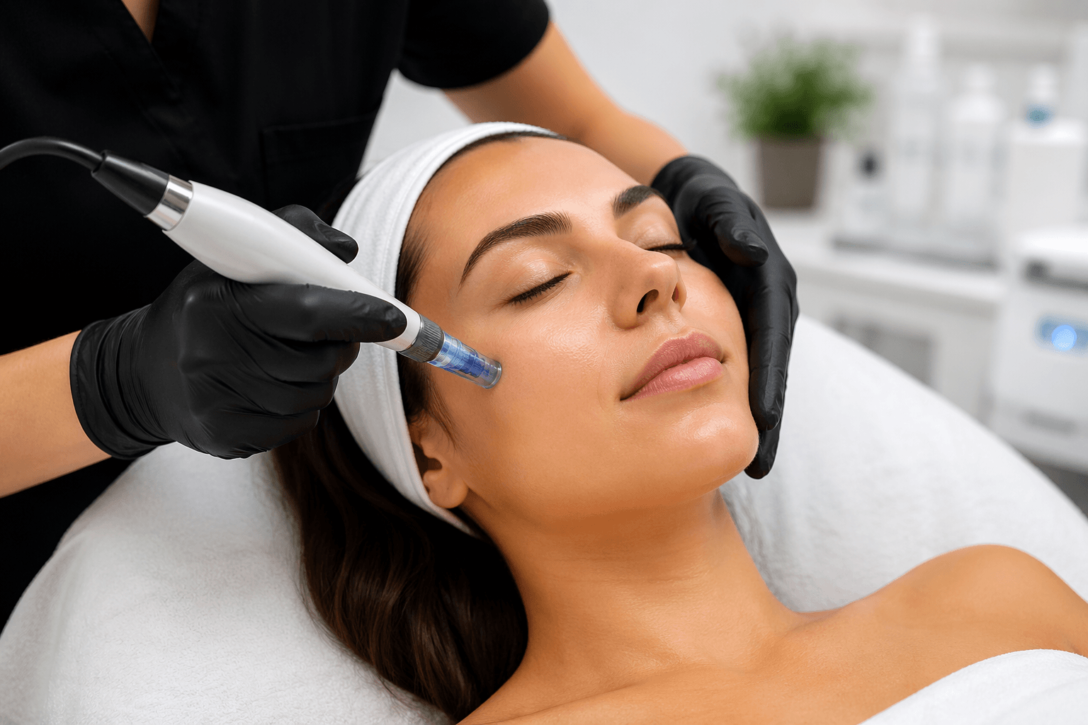 Client receiving microneedling treatment at a medical spa in Bentonville Arkansas for smoother and firmer skin