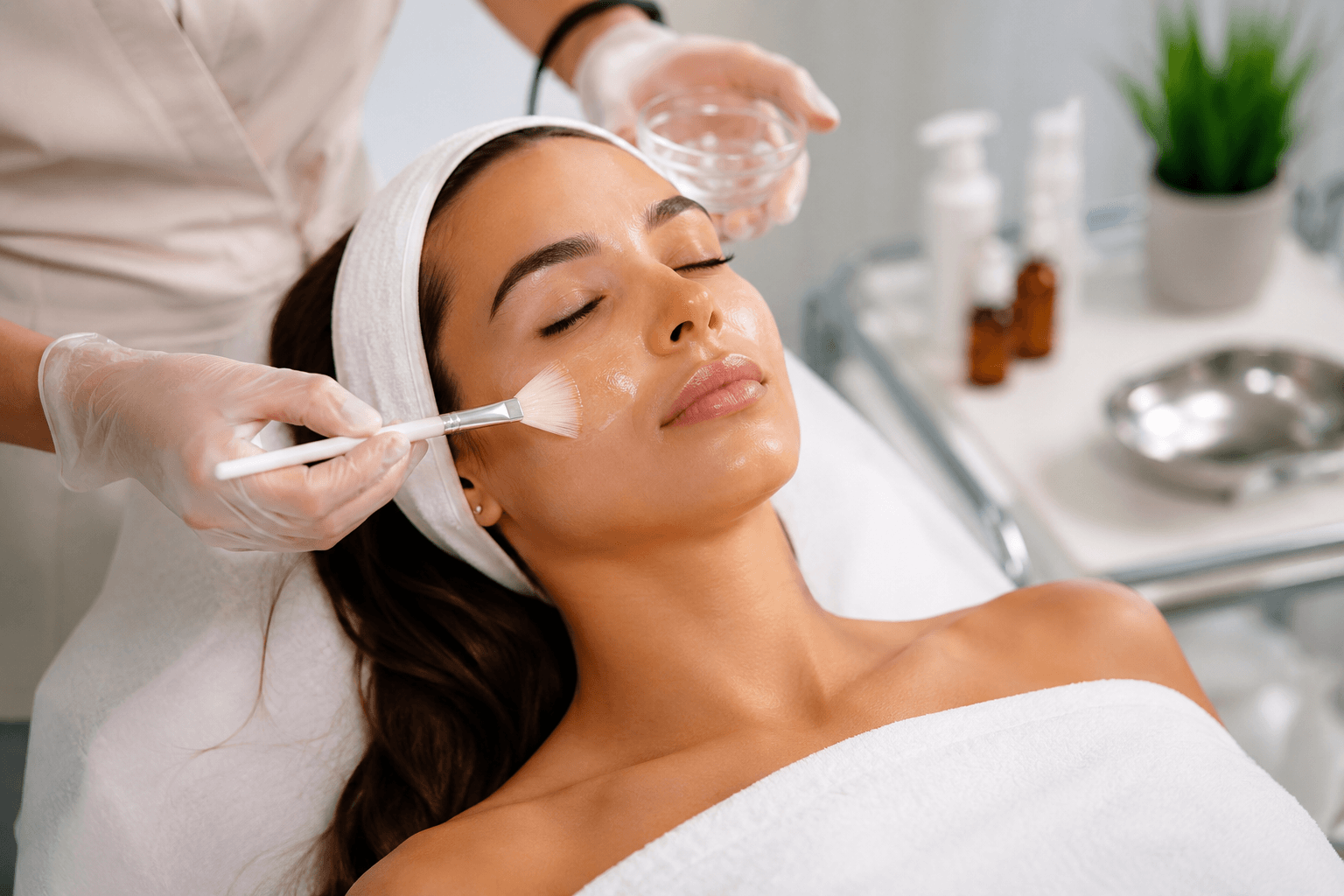Woman receiving a chemical peel treatment in a medical spa in Bentonville Arkansas with glowing skin results