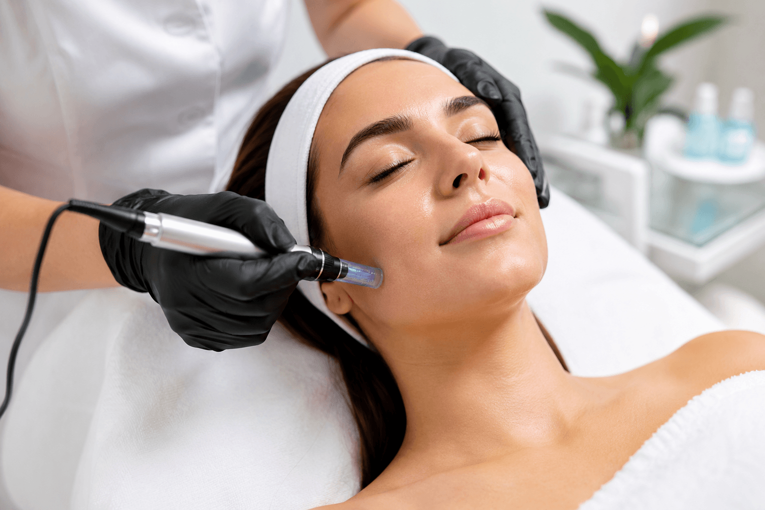Client receiving microneedling treatment to improve acne scars and skin texture in Bentonville, Arkansas medspa