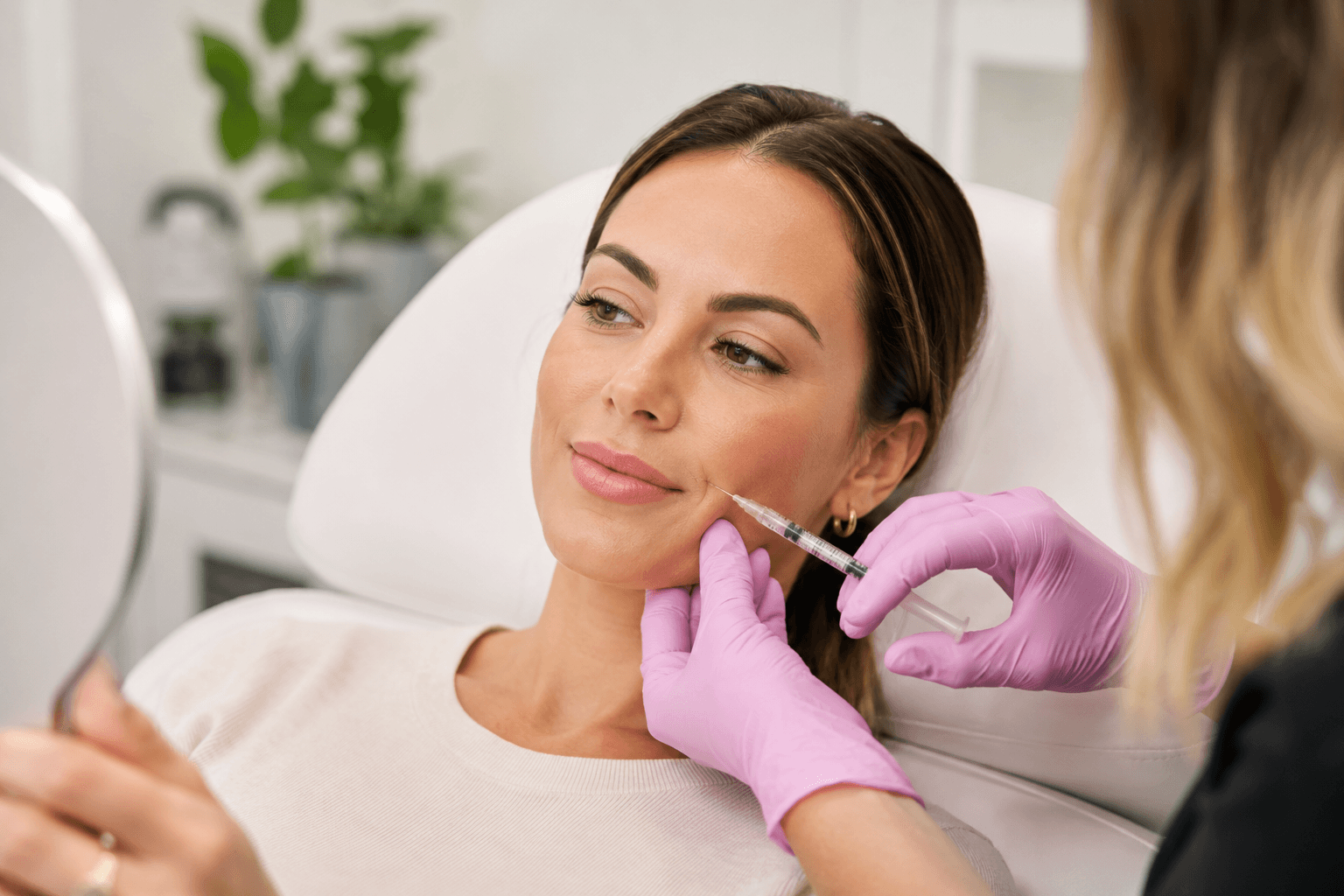 Patient receiving subtle injectable fillers treatment for early signs of aging in a modern med spa setting in Bentonville, Arkansas