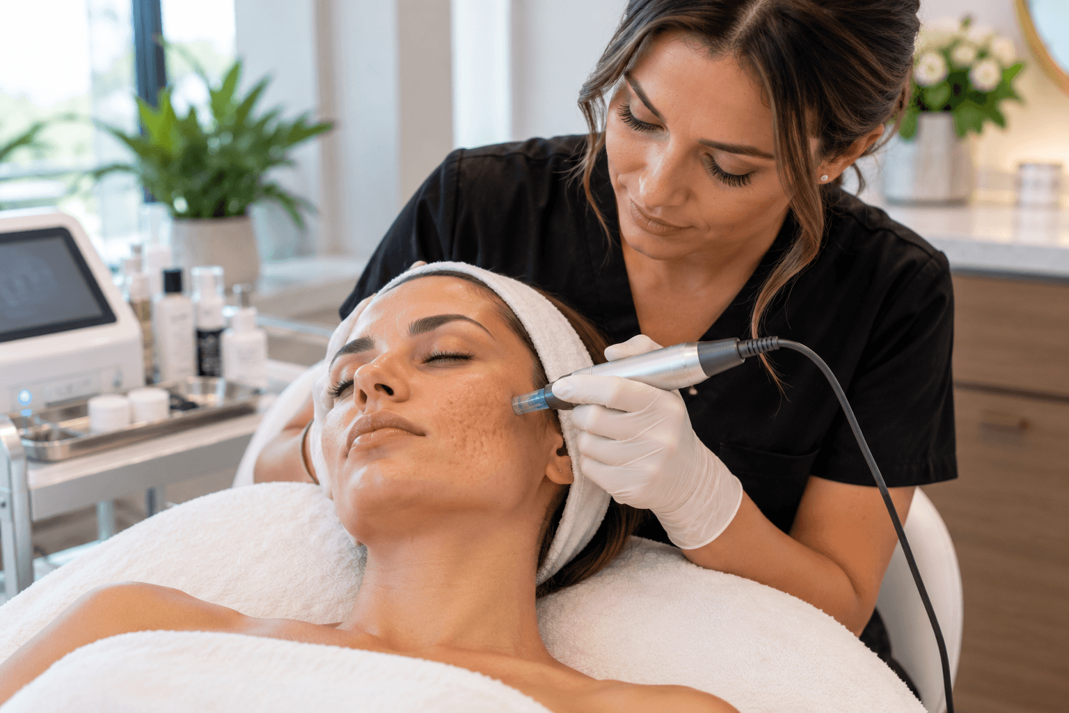 Esthetician performing a skin resurfacing treatment for acne scarring in Bentonville, Arkansas