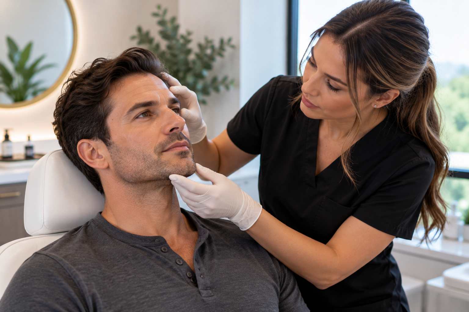 Man in his forties discussing cosmetic injectables during a consultation at a Bentonville, Arkansas med spa Image