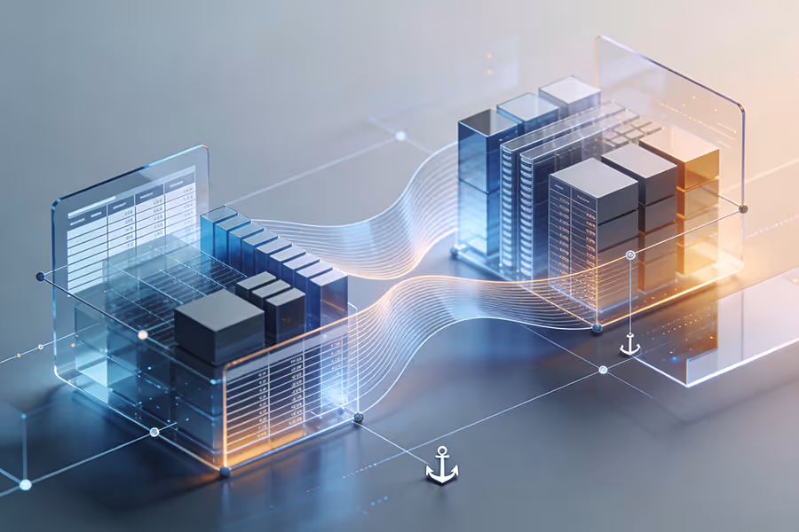 Abstrakte verbundene Finanzstrukturen mit transparenten Datenverbindungen, symbolisiert steuerlich begleitete Unternehmensübertragung und strukturierte Transaktionen.