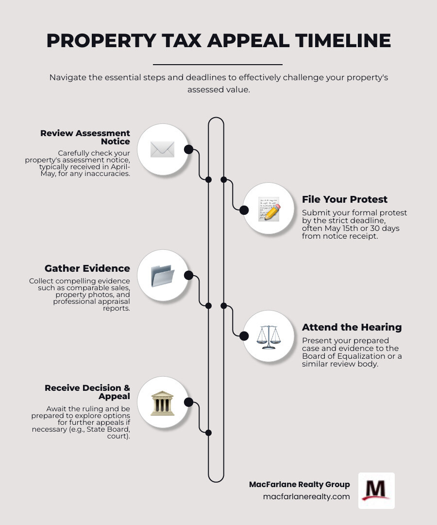 infographic showing property tax appeal timeline from notice receipt through final decision, including key deadlines like May 15 filing date, informal review period, Board of Equalization hearing, and appeal options to State Board or court - Property tax appeal process infographic infographic-line-5-steps-elegant_beige infographic showing property tax appeal timeline from notice receipt through final decision, including key deadlines like May 15 filing date, informal review period, Board of Equalization hearing, and appeal options to State Board or court - Property tax appeal process infographic infographic-line-5-steps-elegant_beige