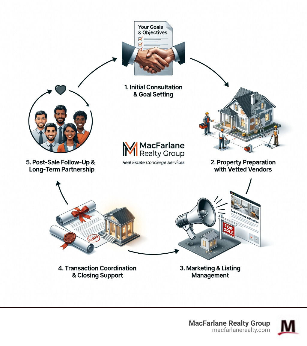 Infographic showing the MacFarlane Realty Group real estate concierge process: Initial Consultation and Goal Setting, Property Preparation with Vetted Vendors, Marketing and Listing Management, Transaction Coordination and Closing Support, Post-Sale Follow-Up and Long-Term Partnership - real estate concierge infographic Infographic showing the MacFarlane Realty Group real estate concierge process: Initial Consultation and Goal Setting, Property Preparation with Vetted Vendors, Marketing and Listing Management, Transaction Coordination and Closing Support, Post-Sale Follow-Up and Long-Term Partnership - real estate concierge infographic