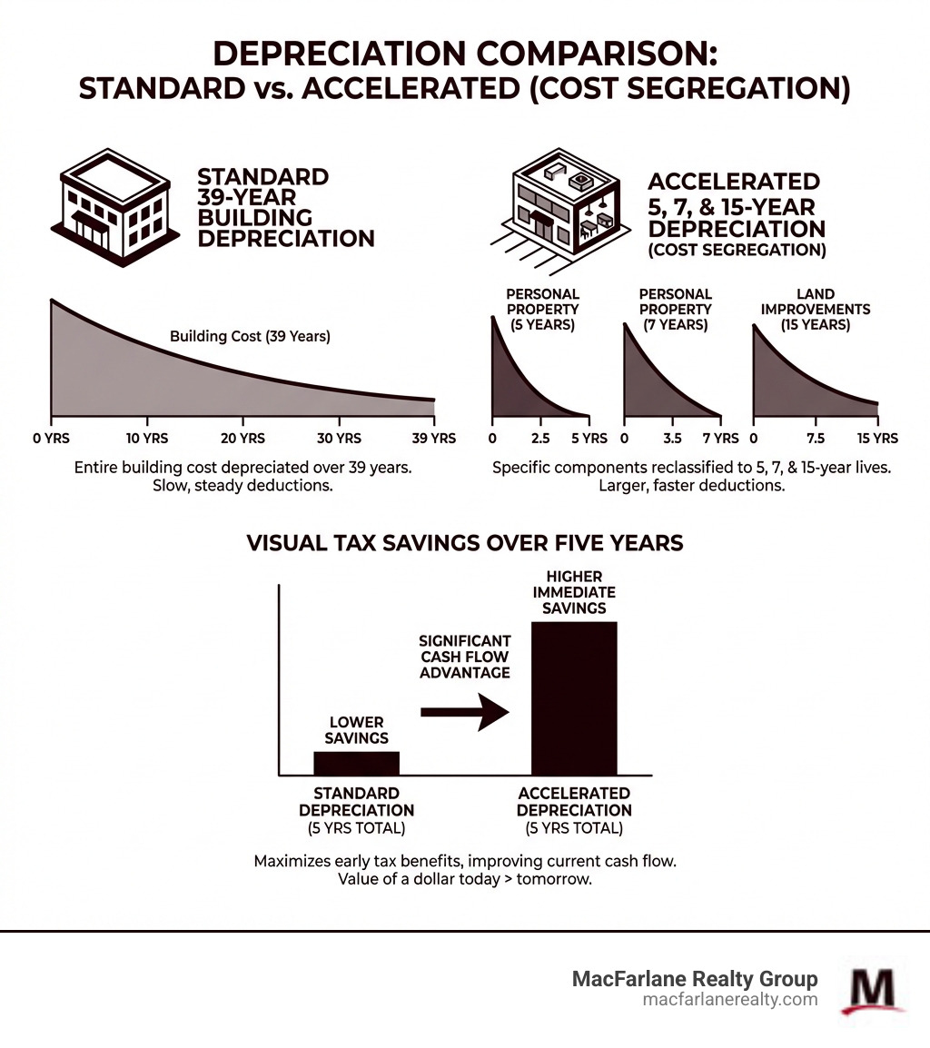 Infographic showing the difference between standard 39-year building depreciation versus accelerated 5, 7, and 15-year depreciation schedules for personal property and land improvements, with visual comparison of tax savings over five years - cost segregation services infographic Infographic showing the difference between standard 39-year building depreciation versus accelerated 5, 7, and 15-year depreciation schedules for personal property and land improvements, with visual comparison of tax savings over five years - cost segregation services infographic