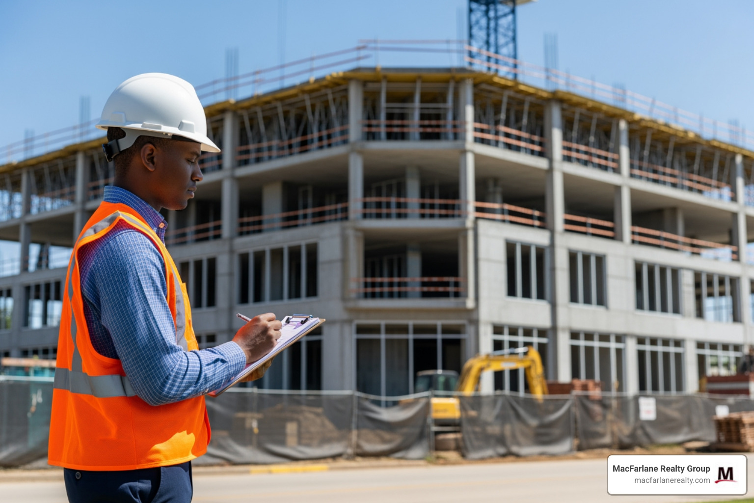 An appraiser wearing a hard hat and holding a clipboard, standing in front of a commercial construction site in Houston, taking notes on the building's progress - commercial appraisers near me An appraiser wearing a hard hat and holding a clipboard, standing in front of a commercial construction site in Houston, taking notes on the building's progress - commercial appraisers near me