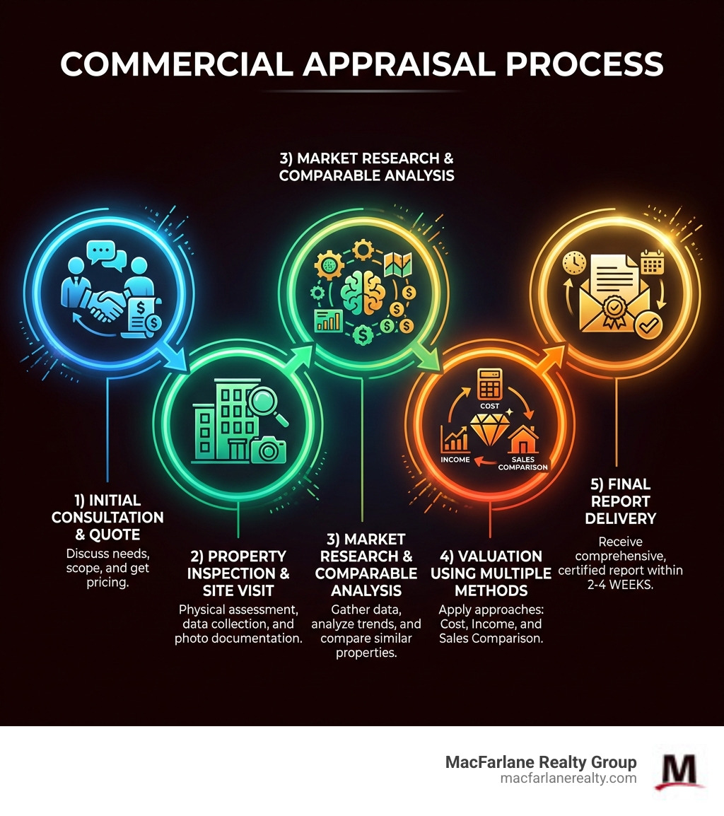 Infographic showing the commercial appraisal process: 1) Initial consultation and quote, 2) Property inspection and site visit, 3) Market research and comparable analysis, 4) Valuation using multiple methods, 5) Final report delivery within 2-4 weeks - commercial appraisers near me infographic Infographic showing the commercial appraisal process: 1) Initial consultation and quote, 2) Property inspection and site visit, 3) Market research and comparable analysis, 4) Valuation using multiple methods, 5) Final report delivery within 2-4 weeks - commercial appraisers near me infographic
