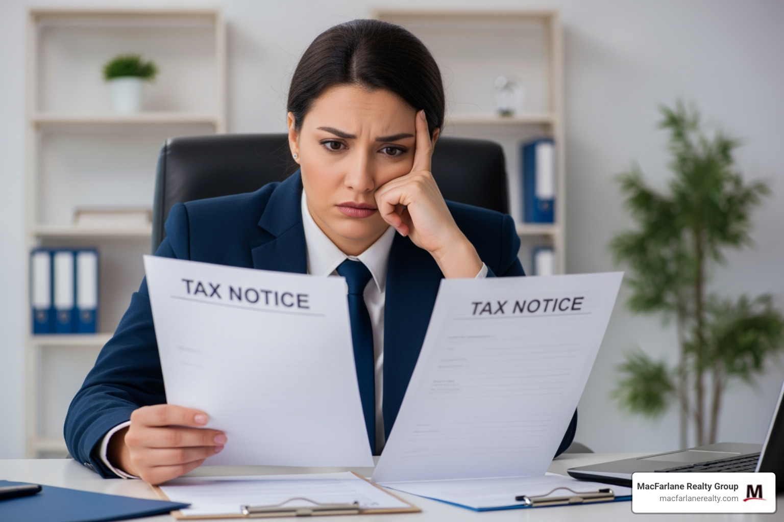 Business owner reviewing a tax notice with a look of concern - commercial property tax appeal Business owner reviewing a tax notice with a look of concern - commercial property tax appeal