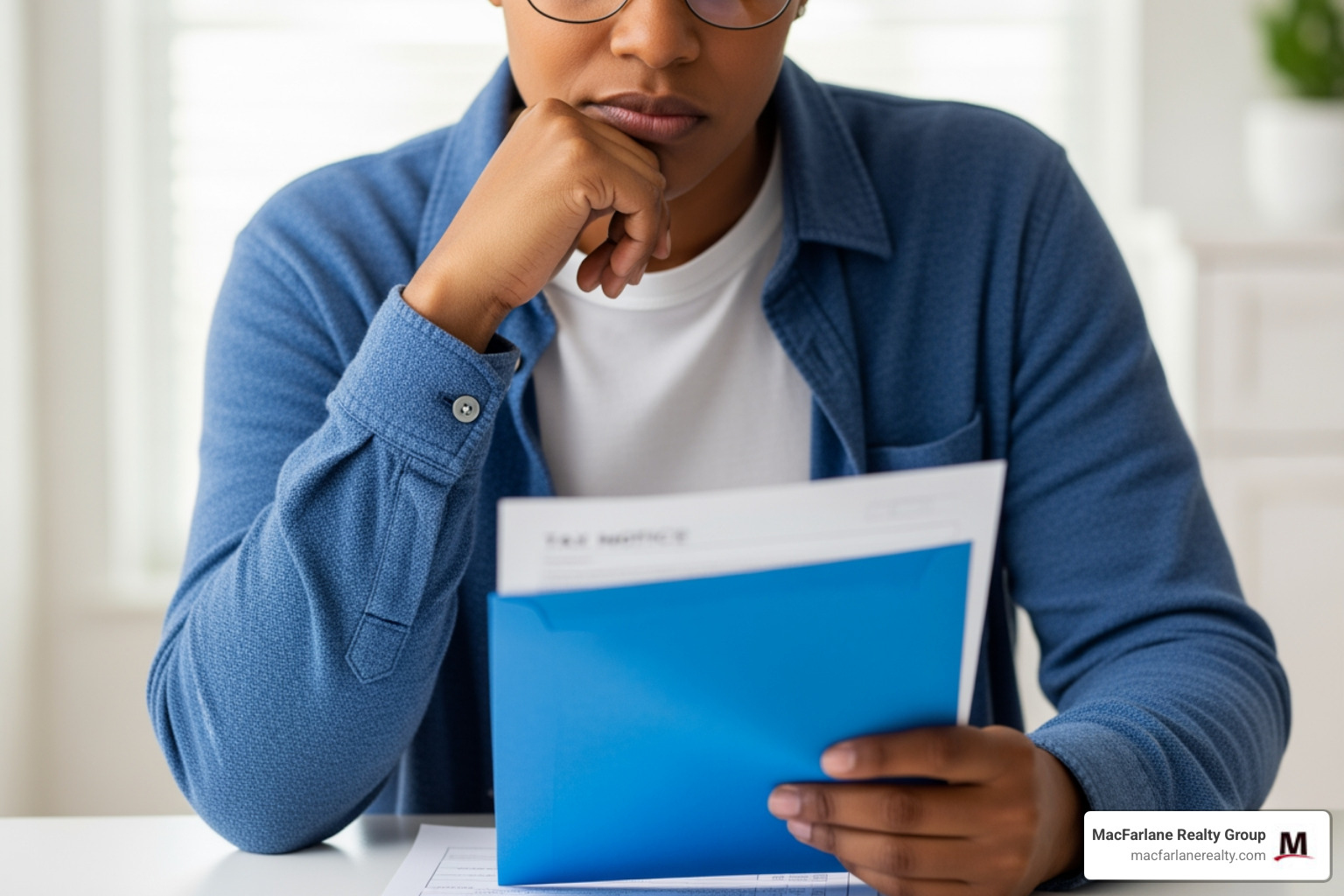 Homeowner reviewing an official HCAD blue notice - Harris County property protest Homeowner reviewing an official HCAD blue notice - Harris County property protest