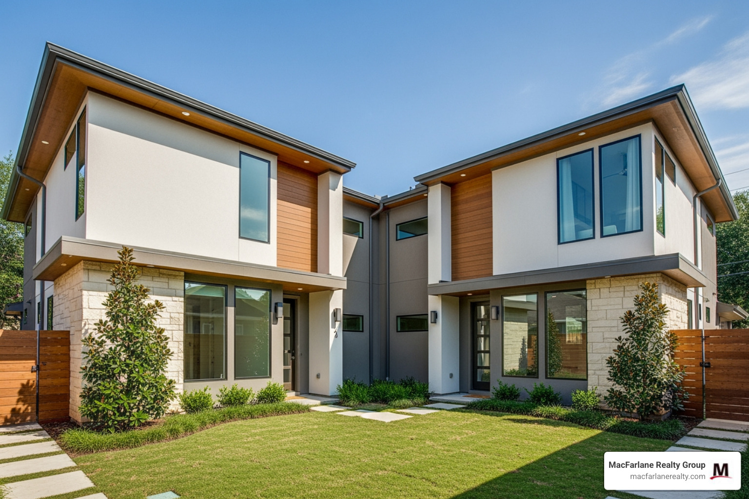 A modern Houston duplex with clean lines and a small yard - real estate investment properties houston