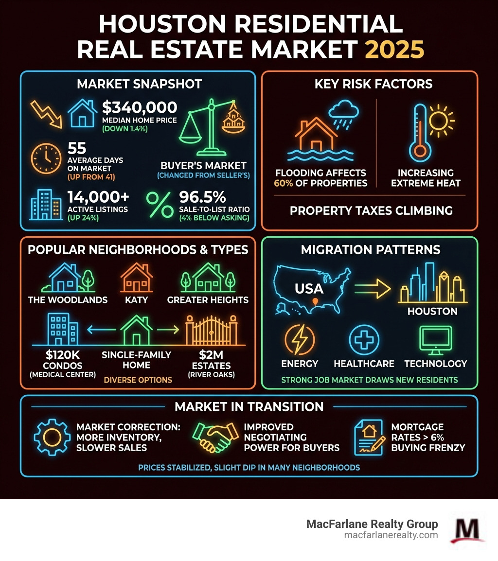 Houston residential real estate market statistics infographic showing median home prices, days on market, inventory levels, popular neighborhoods, home types and price ranges, migration patterns, and key risk factors including flooding and heat - residential real estate Houston infographic Houston residential real estate market statistics infographic showing median home prices, days on market, inventory levels, popular neighborhoods, home types and price ranges, migration patterns, and key risk factors including flooding and heat - residential real estate Houston infographic