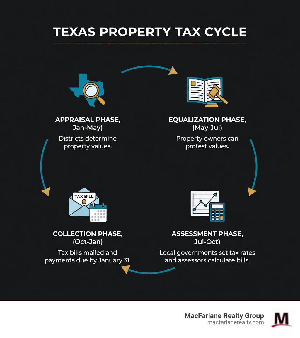 Infographic showing the four phases of the Texas property tax cycle: Appraisal Phase (January-May) when districts determine property values, Equalization Phase (May-July) when property owners can protest values to the Appraisal Review Board, Assessment Phase (July-October) when local governments set tax rates and assessors calculate bills, and Collection Phase (October-January) when tax bills are mailed and payments are due by January 31 - Texas property tax infographic Infographic showing the four phases of the Texas property tax cycle: Appraisal Phase (January-May) when districts determine property values, Equalization Phase (May-July) when property owners can protest values to the Appraisal Review Board, Assessment Phase (July-October) when local governments set tax rates and assessors calculate bills, and Collection Phase (October-January) when tax bills are mailed and payments are due by January 31 - Texas property tax infographic