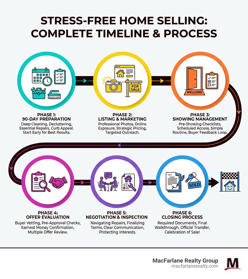 detailed infographic showing the complete timeline for stress-free home selling, including 90-day preparation phase with cleaning and repairs, listing and marketing phase with professional photos and online exposure, showing management with pre-showing checklists, offer evaluation with buyer vetting steps, negotiation and inspection phase, and closing process with required documents - stress free home selling infographic detailed infographic showing the complete timeline for stress-free home selling, including 90-day preparation phase with cleaning and repairs, listing and marketing phase with professional photos and online exposure, showing management with pre-showing checklists, offer evaluation with buyer vetting steps, negotiation and inspection phase, and closing process with required documents - stress free home selling infographic