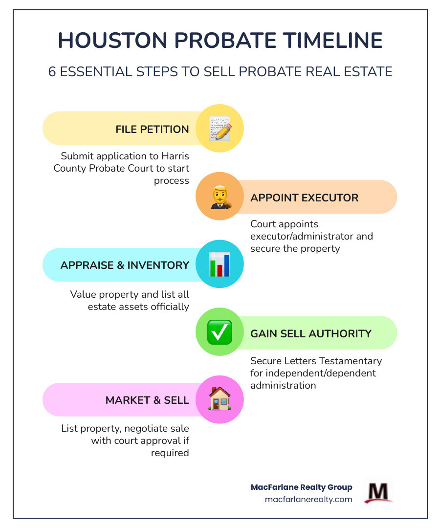 Infographic showing the 6-step Houston probate real estate timeline: Step 1 - File petition with Harris County Probate Court; Step 2 - Appoint executor and secure property; Step 3 - Appraise property and inventory estate assets; Step 4 - Obtain authority to sell (independent or dependent administration); Step 5 - Market and sell the property, with court confirmation if required; Step 6 - Pay estate debts and distribute remaining proceeds to heirs - Houston probate real estate infographic infographic-line-5-steps-colors