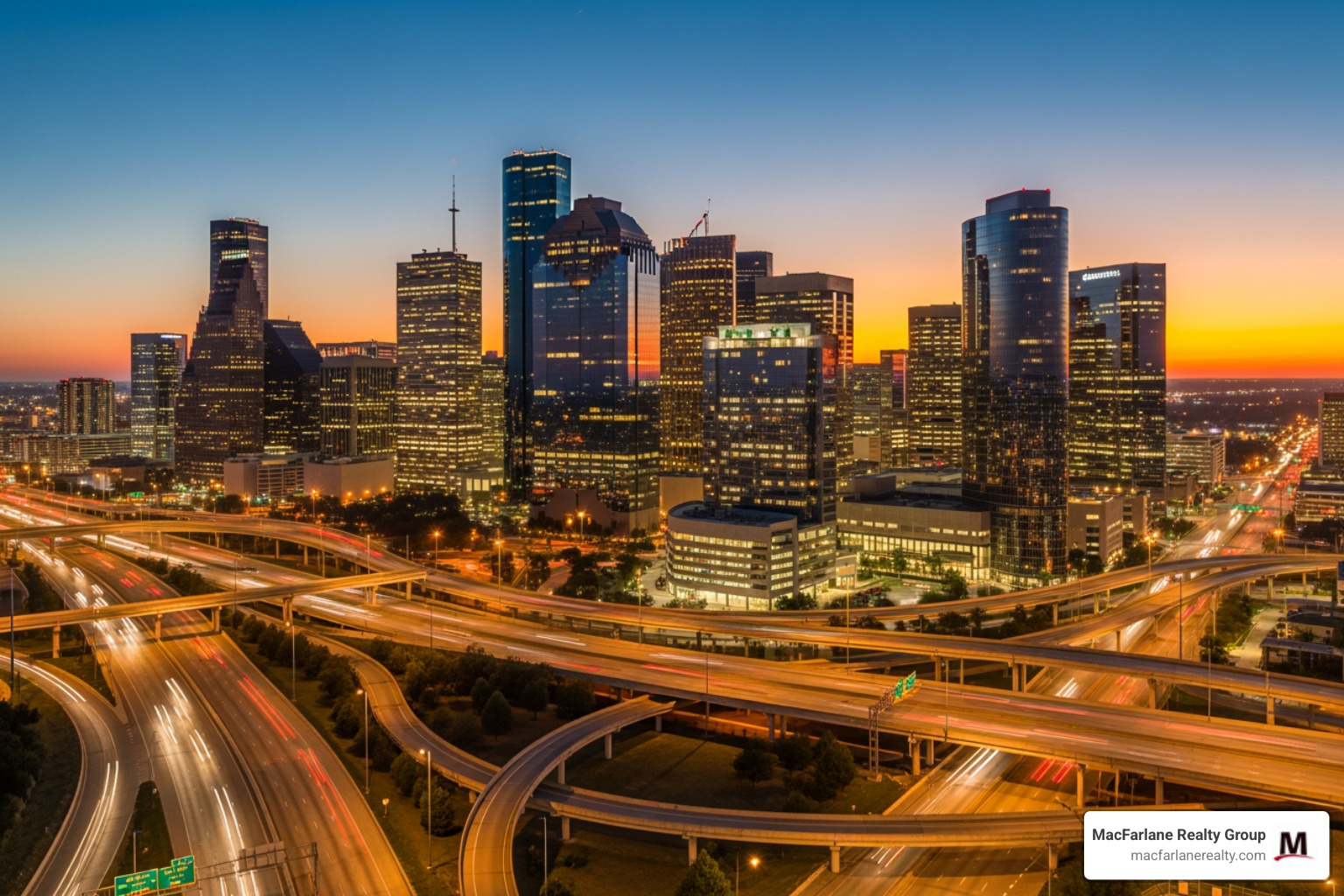 The Houston Energy Corridor skyline showing major corporate headquarters - investment property Houston