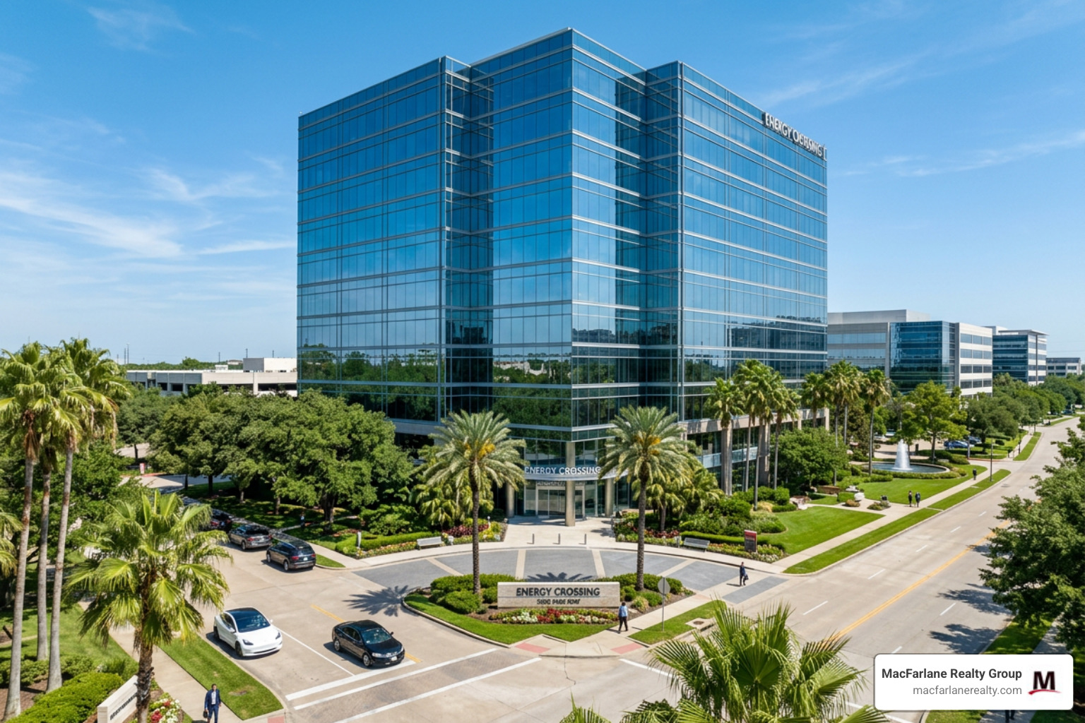 Energy Corridor office building with modern glass facade and green landscaping - commercial office space for rent houston