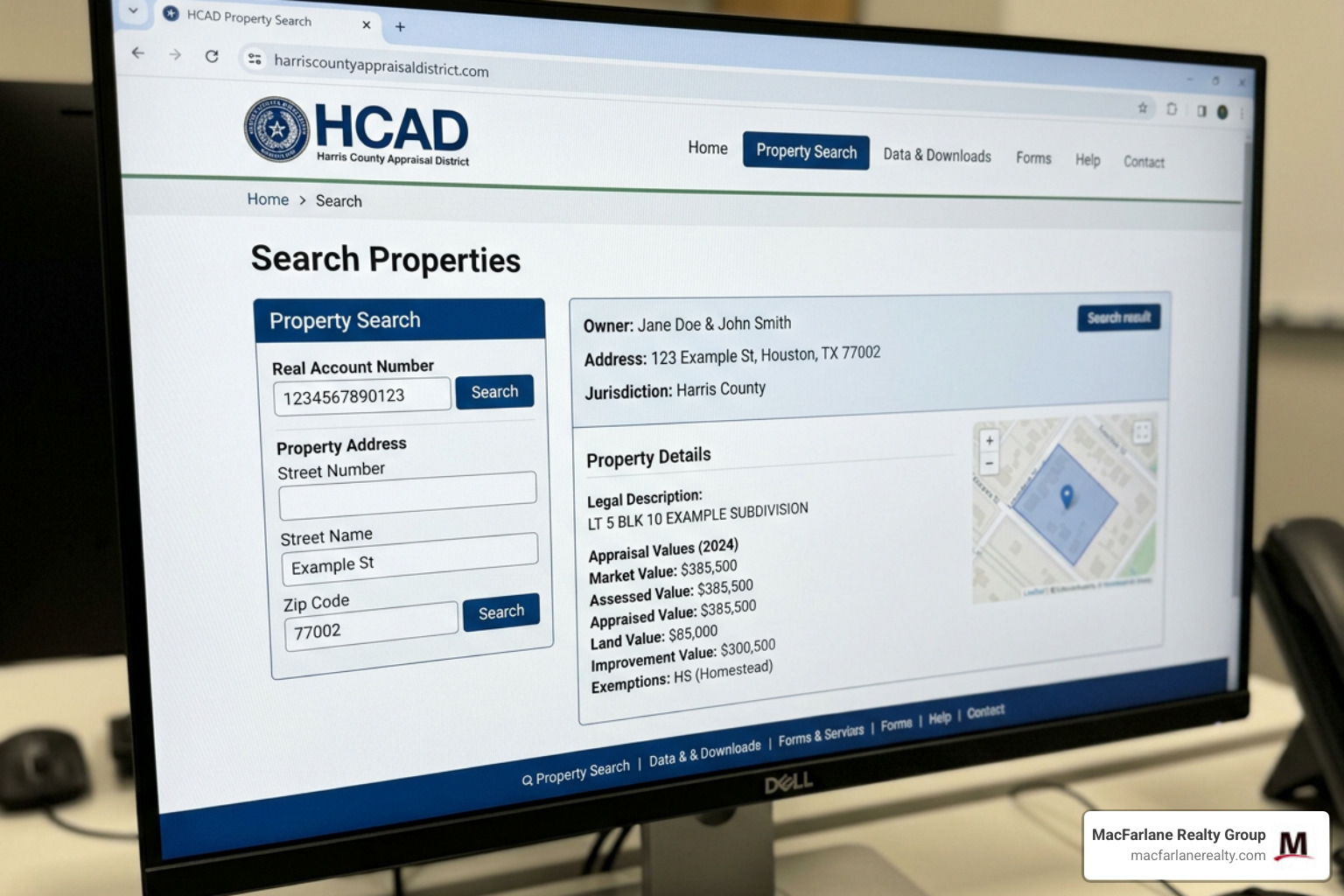 HCAD property search website interface - Houston property search