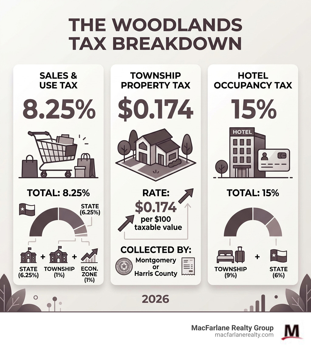 Infographic showing The Woodlands tax breakdown: 8.25% sales tax split, $0.174 property tax rate, 15% hotel tax - The Infographic showing The Woodlands tax breakdown: 8.25% sales tax split, $0.174 property tax rate, 15% hotel tax - The