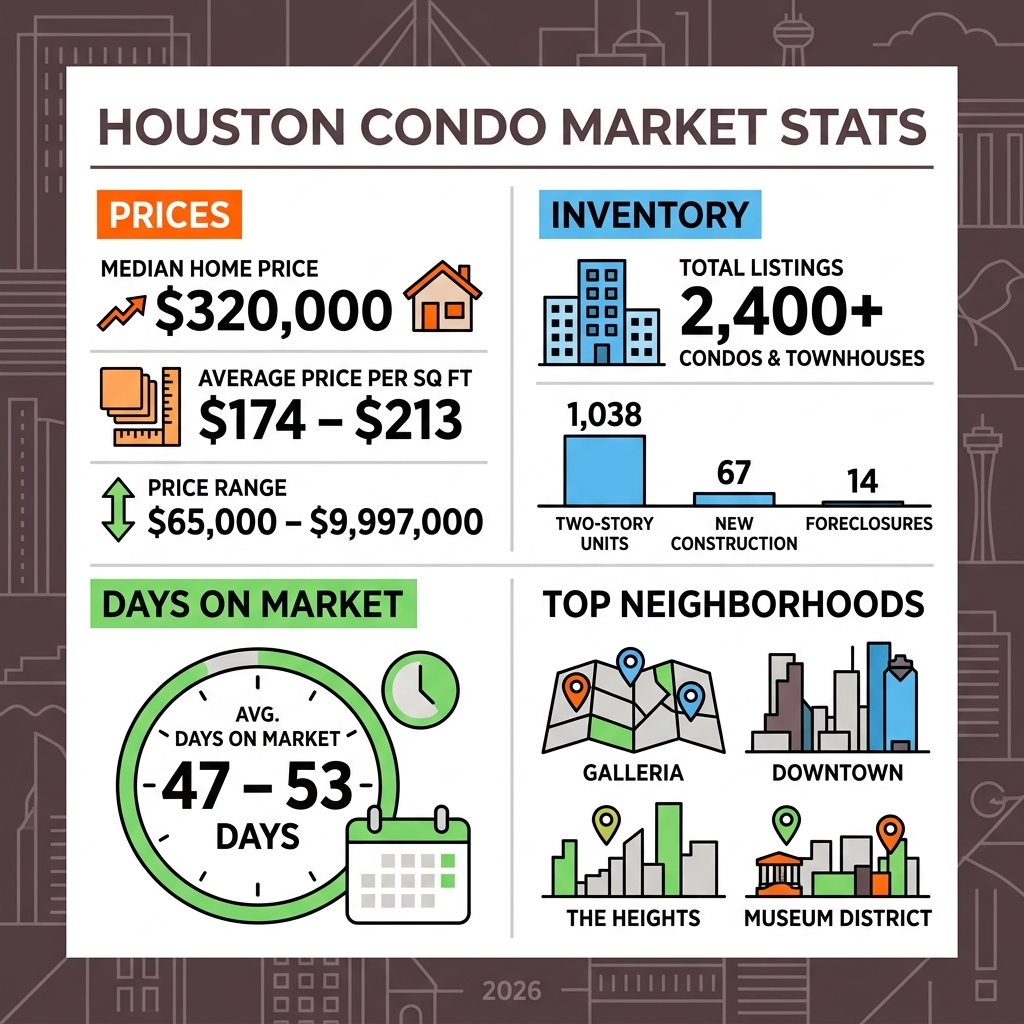 Houston condo market stats infographic showing prices, inventory, days on market, and top neighborhoods - Houston condo for