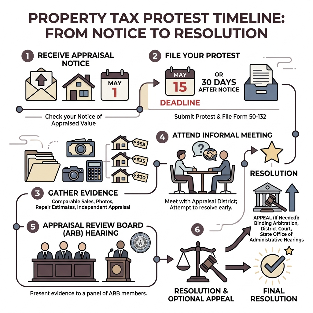 Property tax protest process timeline from notice to resolution - Filing property tax protest infographic 