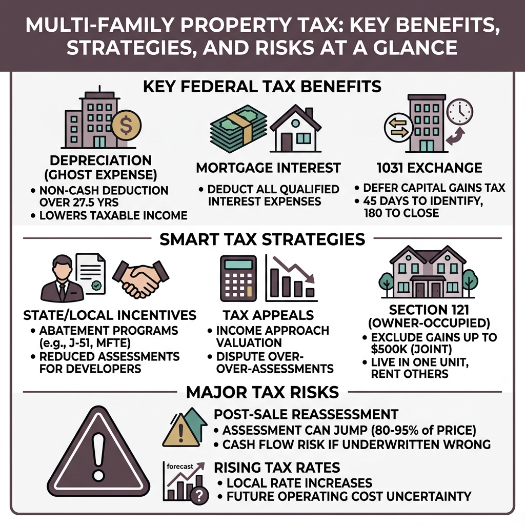 Key multi-family property tax benefits, strategies, and risks at a glance - multi-family property tax infographic 