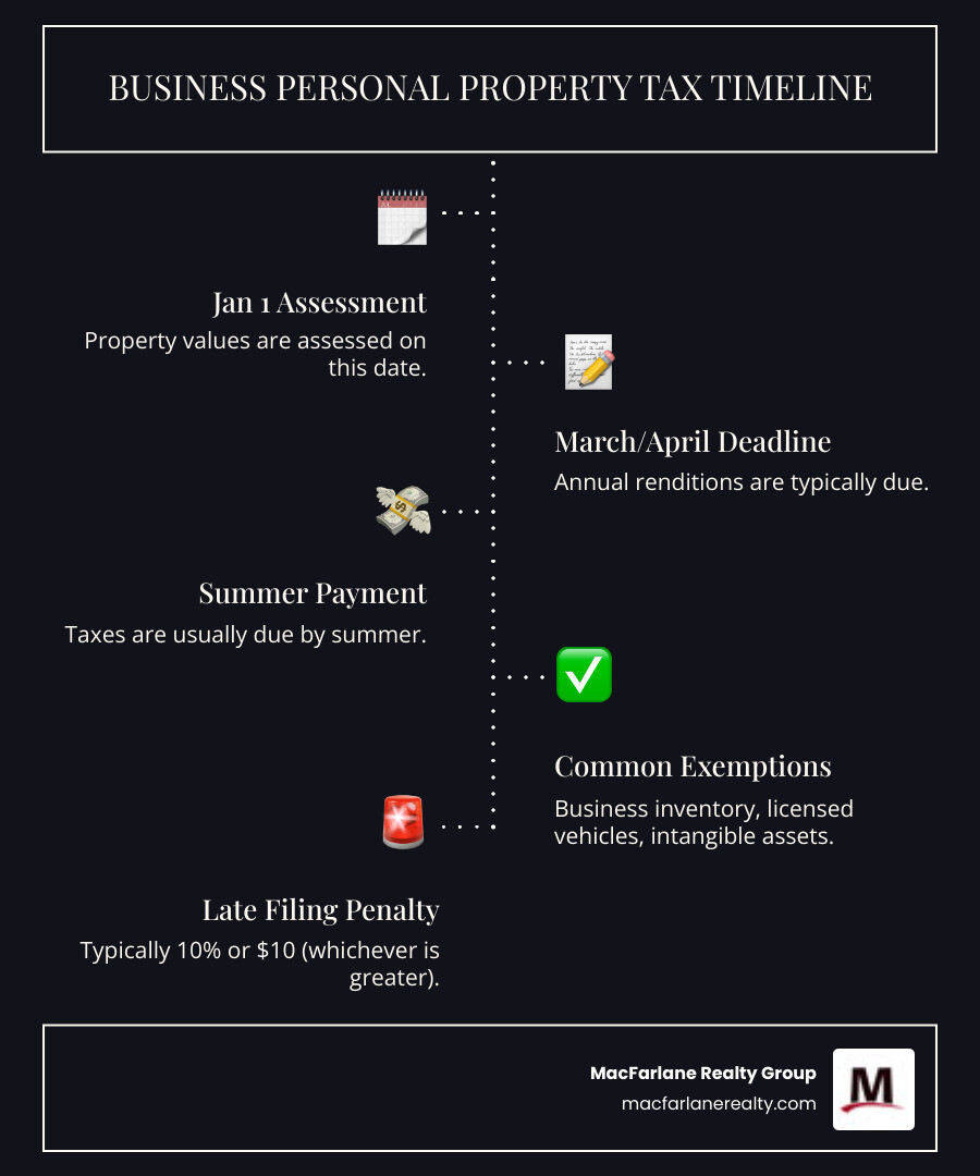 infographic showing business personal property tax timeline: January 1 assessment date, March filing deadline, June payment due date, and key exemptions including business inventory, licensed vehicles, and intangible assets - Business personal property tax infographic infographic-line-5-steps-dark