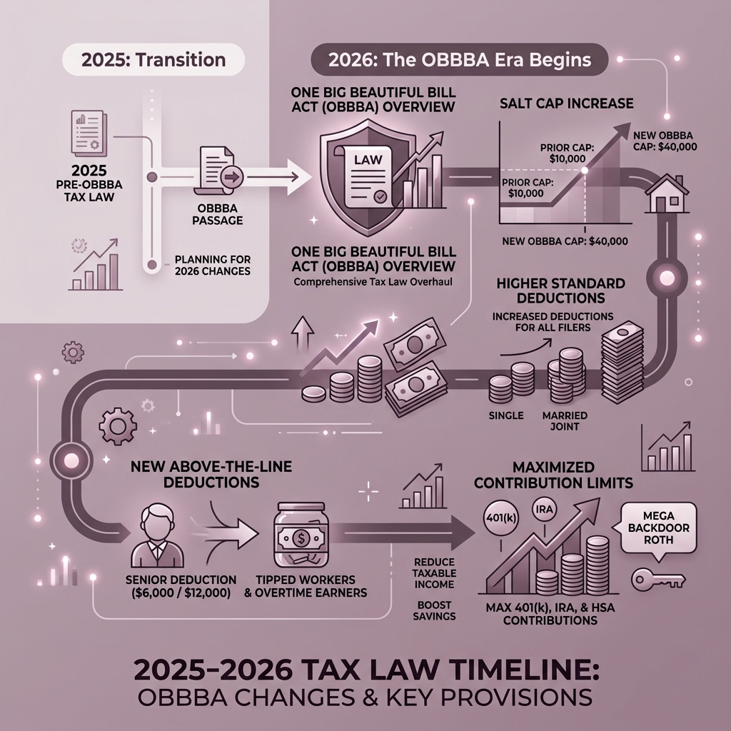 2025-2026 tax law timeline showing OBBBA changes, SALT cap, standard deductions, and key contribution limits - best tax 2025-2026 tax law timeline showing OBBBA changes, SALT cap, standard deductions, and key contribution limits - best tax
