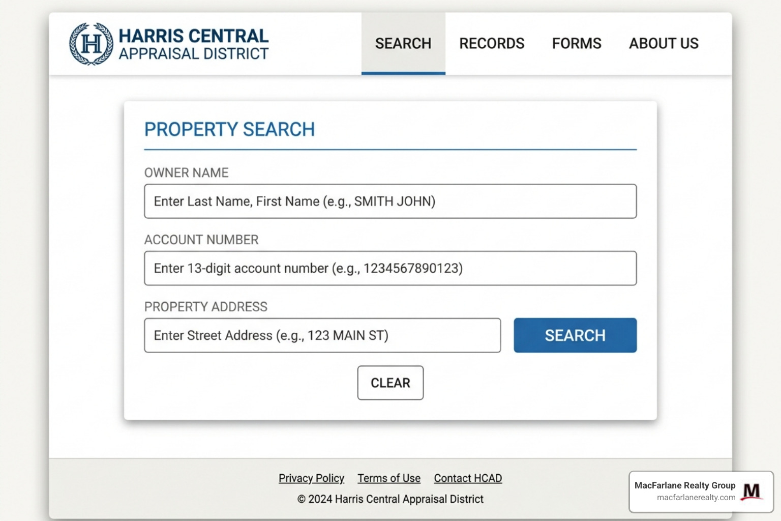 HCAD website search bar interface for property lookup - harris county property tax search by owner