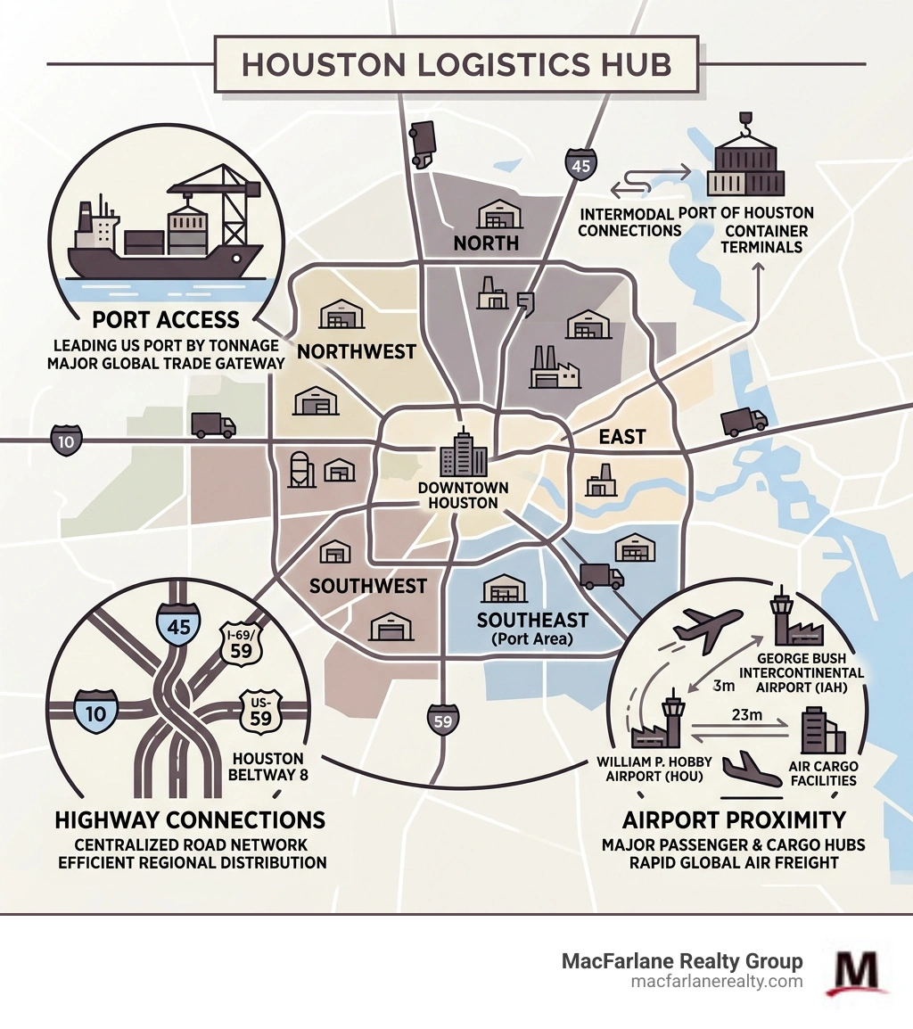Houston logistics hub infographic showing port access, highway connections, airport proximity, and industrial submarket map Houston logistics hub infographic showing port access, highway connections, airport proximity, and industrial submarket map