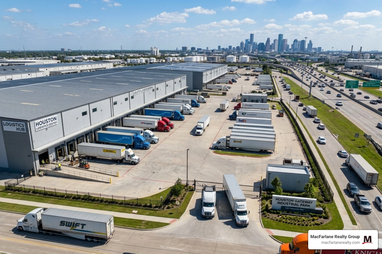 busy houston industrial park with trucks and modern warehouse buildings - houston industrial properties for lease busy houston industrial park with trucks and modern warehouse buildings - houston industrial properties for lease