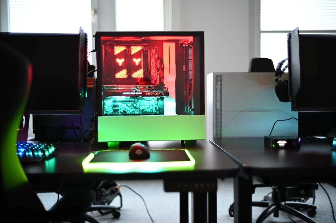 Office equipment and computers on desks in a modern workspace