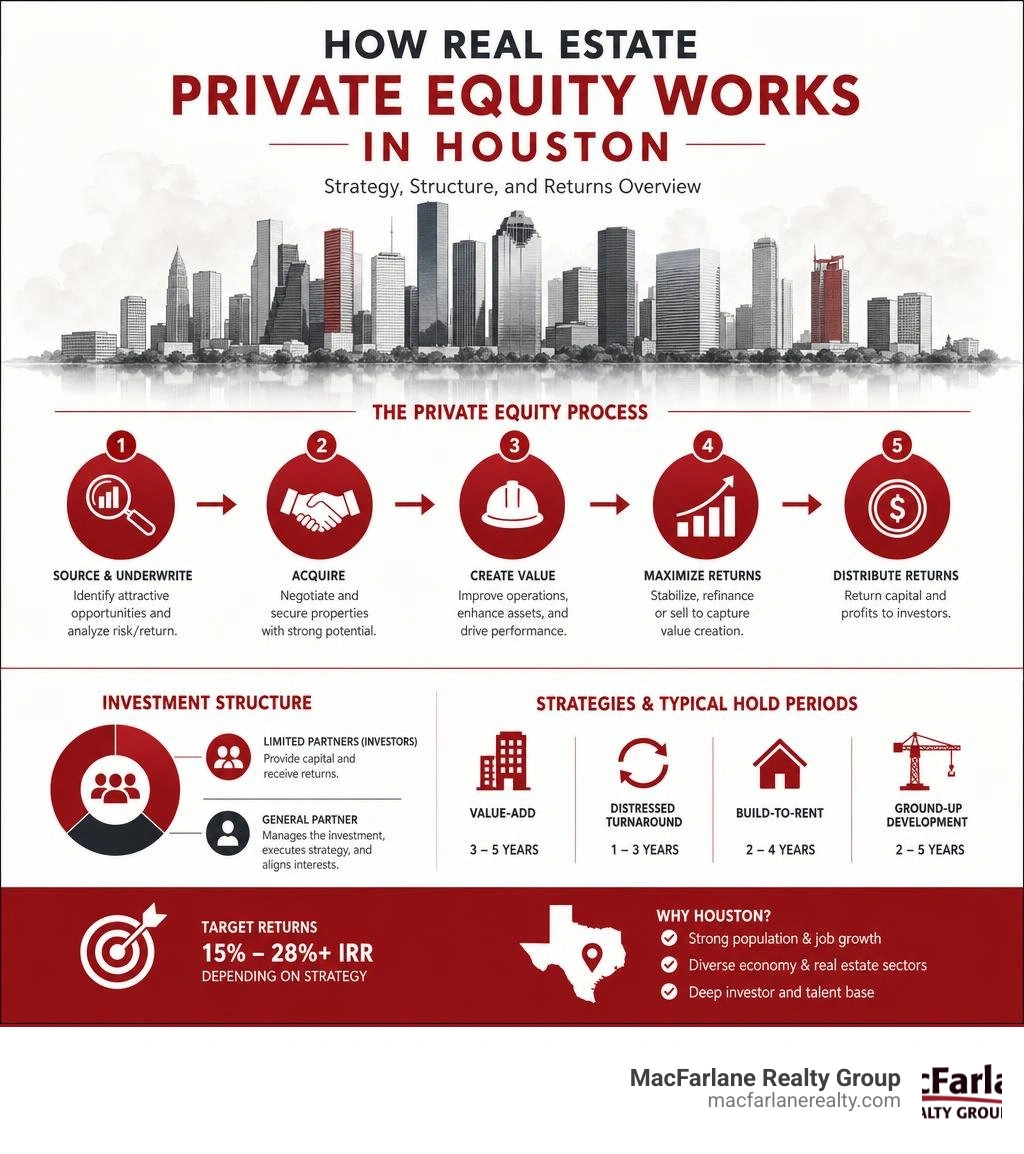How real estate private equity works in Houston — strategy, structure, and returns overview infographic How real estate private equity works in Houston — strategy, structure, and returns overview infographic